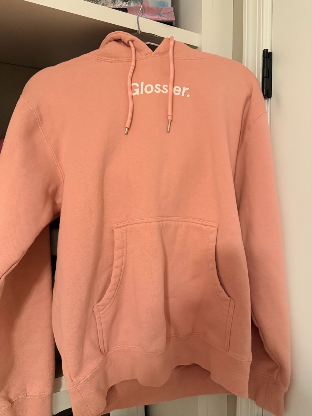 Glossier Peach-Pink Hoodie with White Logo